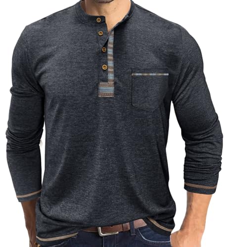 YawYews Herren Langarmshirt Longsleeve Henley Shirt Langarm Tshirt Long Sleeve Longshirt mit Knopfleiste Schwarz XXL von YawYews