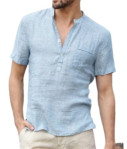 Leinenhemd Herren Hemd Kurzarm Freizeithemden für Herren Hemden Sommerhemd Shirt Henley Leinen Blau L von YawYews