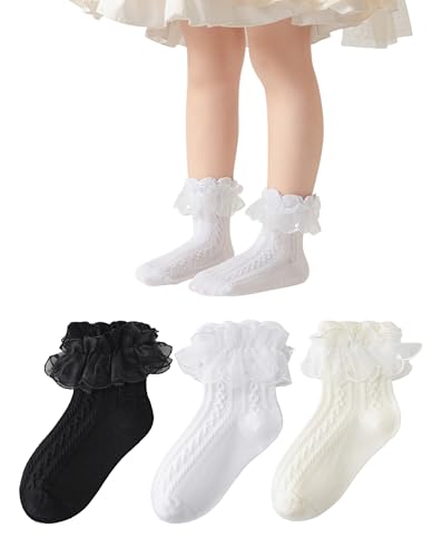 Rüschen Spitze Socken für Mädchen Baumwolle Kinder Knöchelsocken Niedliche Lolita Strümpfe mit Ruffle Design Weiche Atmungsaktive Mädchenstrümpfe Perfekt für Schule Party Alltag von Yawlsow