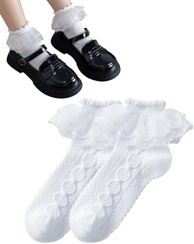 Socken mit Rüschen Mädchen niedlich doppelte Spitze weiße Socken atmungsaktiv Baumwollsocken Lolita Prinzessin Kleinkind Ballett Knöchelsocken Perfekt für Schule Party Alltag von Yawlsow