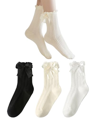 Yawlsow 3 Paar Damen-Socken mit Rüschen Knöchelsocken mit Spitze Schleife Baumwolle atmungsaktiv weich bequem gestrickt elegante Lolita Prinzessin Rüschen Socken für Mädchen Frauen von Yawlsow