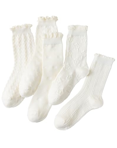 Yawlsow 5 Paar Damen Socken mit Rüschen Süße Bequeme Weiche Spitze Beige Knöchelsocken Cute Ruffle Atmungsaktive Kawaii Socken für Mädchen Frauen von Yawlsow