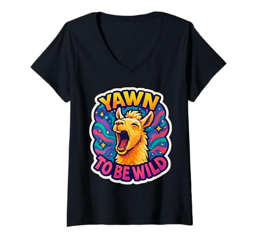 Damen Yawn to Be Wild Lustiges Gähnen Lama Lazy Sleepy Tired Alpaka T-Shirt mit V-Ausschnitt von Yawn To Be Wild Funny Yawning Llama Alpaca Merch