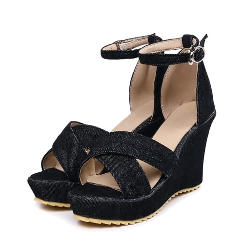 Yawors Damen LC2295 Sandale mit Keilabsatz Niedrig Adjustable Strap Peep Toe Schnalle Schwarz - 38.5 EU Yawors Damen LC2295 Sandale mit Keilabsatz Niedrig Adjustable Strap Peep Toe Schnalle Schwarz - 38.5 EU von Yawors