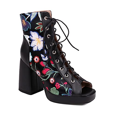 Yawors Damen LC994 Stiefeletten mit Blockabsatz Hoch Quadratisch Absatz Peep Toe Bestickt Schwarz - 42.5 EU von Yawors