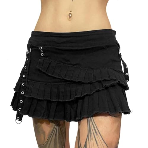 Yay! Glam Damen Y2K Low Waist Mini Denim Rock Schwarz Rüschen 90er Jahre Gothic Gothic Punk Mode Uniform Jeans Gürtel, Schwarz, Klein von Aitale