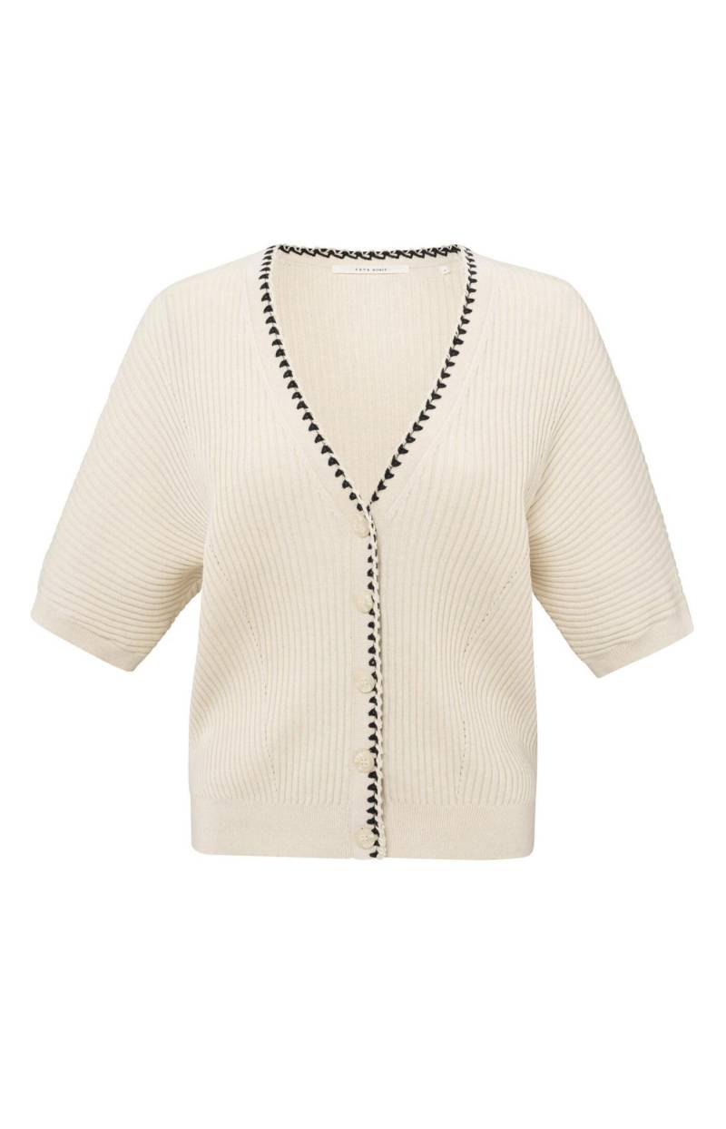 Yaya - Gerippte Strickjacke mit Stichdetail und kurzen Ärmeln beige - Gr. - XS von Yaya