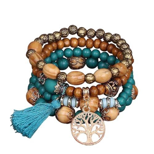 YayaVrillant Boho Armbänder Set, BohoHolzperlen Armband, 4 Stück BohoQuaste Armband Für Damen, Frauen Baum Des Lebens Charm Statement Armreifen (Blau) von YayaVrillant