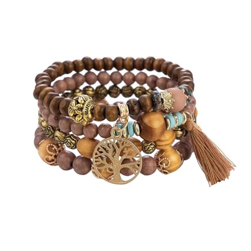 YayaVrillant Boho Armbänder Set, BohoHolzperlen Armband, 4 Stück BohoQuaste Armband Für Damen, Frauen Baum Des Lebens Charm Statement Armreifen (Kaffee) von YayaVrillant