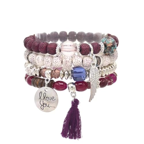 YayaVrillant Boho Armbänder Set, BohoHolzperlen Armband, 4 Stück BohoQuaste Armband Für Damen (Lila) von YayaVrillant