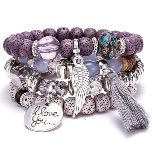 YayaVrillant Boho Armbänder Set, BohoHolzperlen Armband, 4 Stück BohoQuaste Armband Für Damen (Weiß Lila) von YayaVrillant