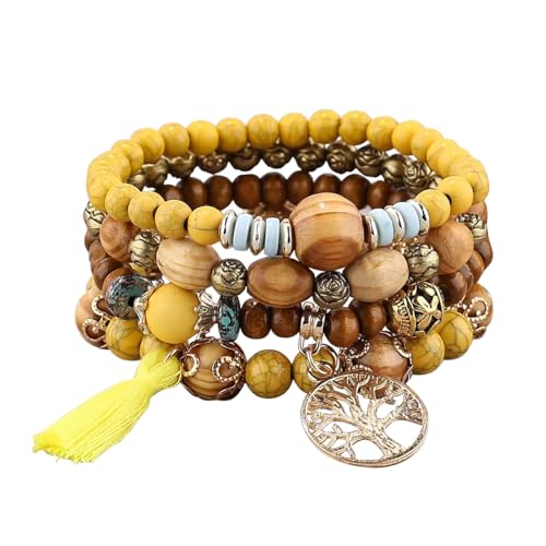 YayaVrillant Boho Armbänder Set, BohoHolzperlen Armband, 4 Stück Quaste Armband Für Damen, Frauen Baum Des Lebens Charm Statement Armreifen (Gelb) von YayaVrillant