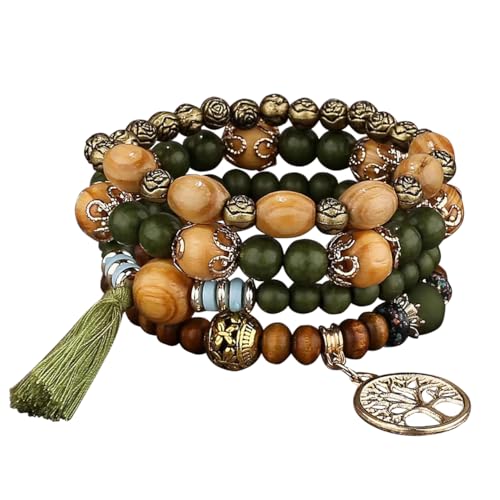 YayaVrillant Boho Armbänder Set, BohoHolzperlen Armband, 4 Stück Quaste Armband Für Damen, Frauen Baum Des Lebens Charm Statement Armreifen (Grün) von YayaVrillant