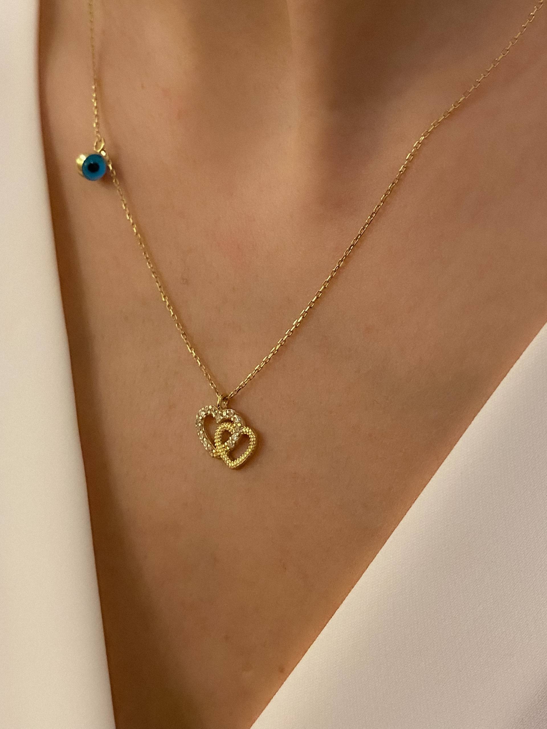 14K Gold Doppelherzen Mit Bösem Auge Halskette, Glückssymbol, Glücksbringer, Doppelherz Anhänger, Minimalistisch, Handgemacht, Geschenk Für Sie von YazalJewelery