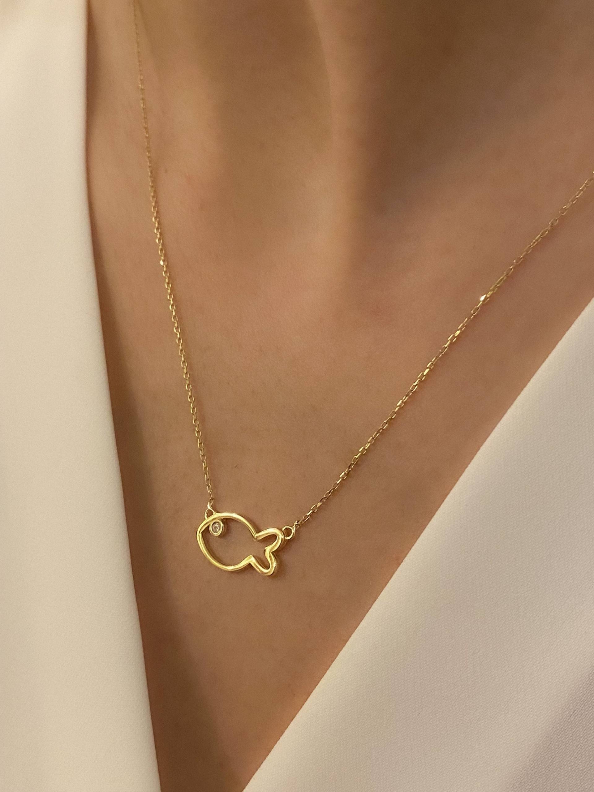 14K Gold Fisch Halskette, Symbol Des Glücks, Fischauge Handgemachte Halsketten, Charm, Anhänger, Geschenk Für Sie von YazalJewelery