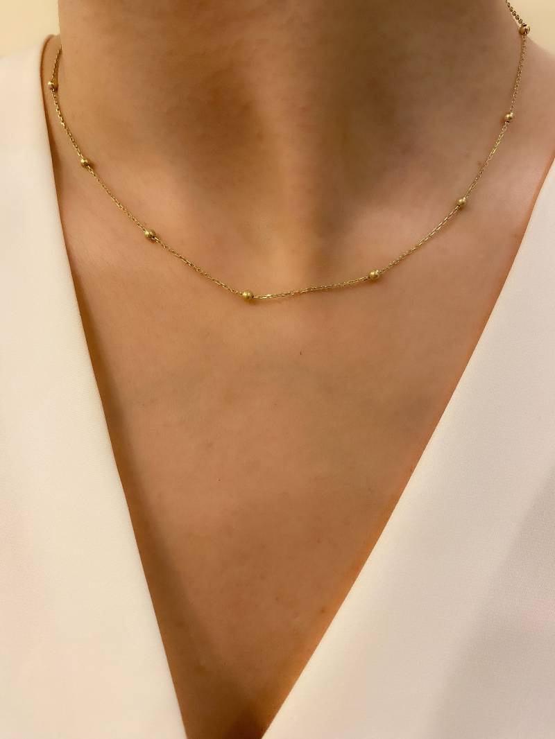 14K Gold Perle Halskette, Mini Kugeln Multi Minimalist Modeschmuck, Delikates Modernes, Geschenk Für Sie von YazalJewelery