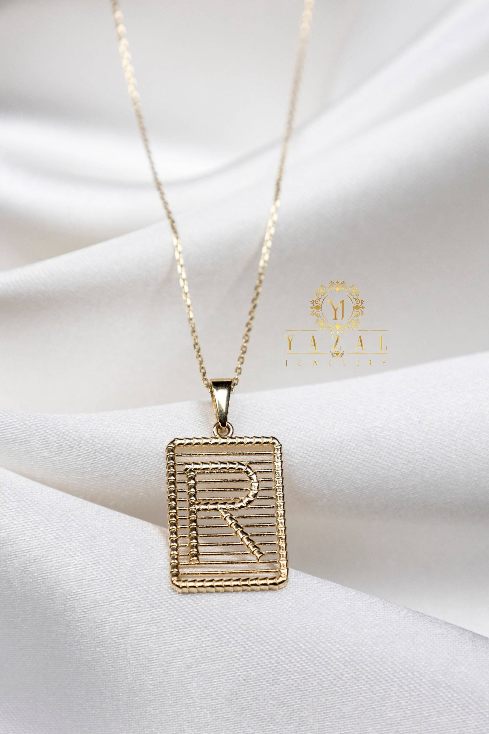14K Solid Gold Initial Halskette, Buchstabe Block, Block Charm, Benutzerdefinierte Minimalistisch, Handgemacht, Geschenk Für Sie von YazalJewelery