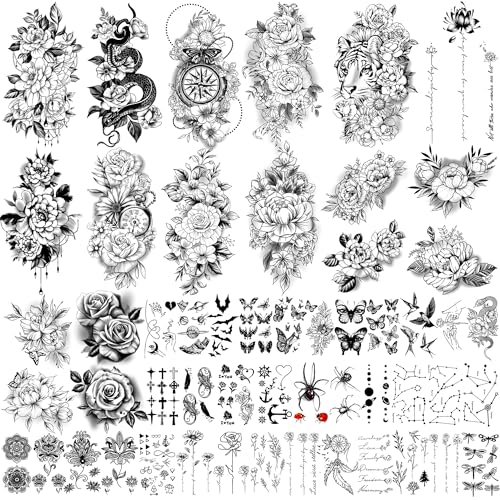 Yazhiji 49 Blatt große Blumen Sammlung wasserdichte temporäre Tattoos dauerhafte gefälschte Tattoos für Frauen und Mädchen von Yazhiji