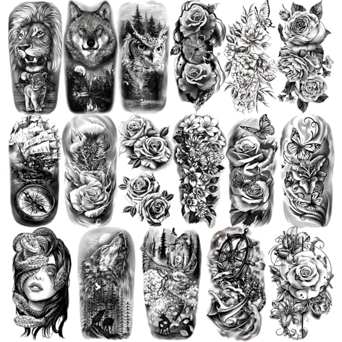 Yazhiji 77 Blatt Wasserdicht Temporäre Tätowierung für Mädchen oder Jungen Kinder 17 Blatt Halber Arm Wolf Tiger Löwe Gefälschte Tattoos für Männer oder Frauen Und 60 Blatt Kleine Blumenaufkleber von Yazhiji