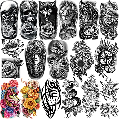 Yazhiji 77 Blatt Wasserdicht Temporäre Tätowierung für Mädchen oder Jungen Kinder 17 Blatt Halber Arm Wolf Tiger Löwe Gefälschte Tattoos für Männer oder Frauen Und 60 Blatt Kleine Blumenaufkleber von Yazhiji