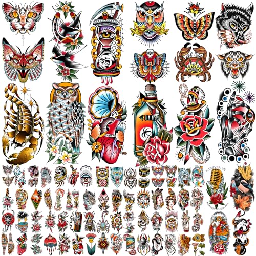 Yazhiji 77 Blatt Wasserdichtes Fake Tattoo für Männer oder Frauen 17 Blatt Größere Halbarm Eule Pfingstrose Schlange Temporäre Tattoos für Jungen oder Mädchen Und 60 Blatt Blumen Tattoo Aufkleber von Yazhiji