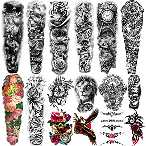Yazhiji Extra große temporäre Tattoos 8 Blatt Fake Tattoos mit vollem Arm und 8 Blatt Tattoo-Aufkleber mit halbem Arm für Männer und Frauen (58X18CM) von Yazhiji
