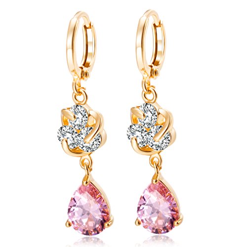 YAZILIND 18K Gold überzogene Frauen-Schmucksache-vorzügliche Teardrop-Wasser-Tropfen-Anhänger mit kubischem Zirconia-Kristall eingelegten Tropfen baumeln Band-Ohrringe (Rosa) von YAZILIND