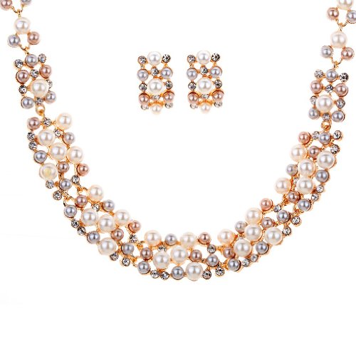 YAZILIND Elegante Rose Gold -Creme -Perlen- Halsband Kristall Chunky Bib Ohrringe Halskette Schmuck-Set für Frauen-Geschenk von YAZILIND