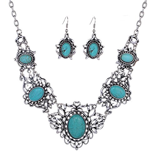 YAZILIND Hohl Tibetischen Silber Grün Rimous ovale Türkis-Schellfisch -Kragen Ohrringe Halskette Schmuck-Set Frauen (Rock & Gothic & Fantasy) YAZILIND Hohl Tibetischen Silber Grün Rimous ovale Türkis-Schellfisch -Kragen Ohrringe Halskette Schmuck-Set Frauen (Rock & Gothic & Fantasy) von YAZILIND