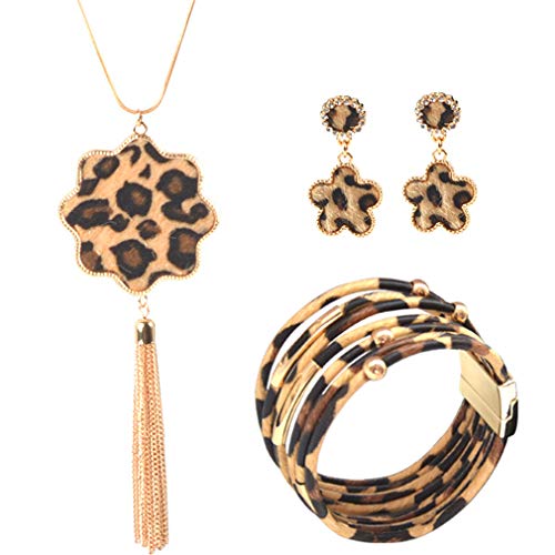 YAZILIND 3 Stück Leopard Schmuck Set Leopard Leder Armband Dangle Ohrring Halskette für Frauen Anis Stern von YAZILIND