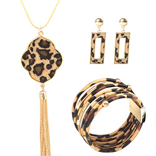 YAZILIND 3 Stück Leopard Schmuck Set Leopard Leder Armband Dangle Ohrring Halskette für Frauen Cloud von YAZILIND
