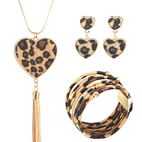 YAZILIND 3 Stück Leopard Schmuck Set Leopard Leder Armband Dangle Ohrring Halskette für Frauen Liebe Herz von YAZILIND