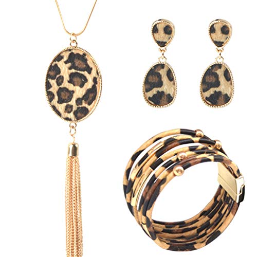 YAZILIND 3 Stück Leopard Schmuck Set Leopard Leder Armband Dangle Ohrring Halskette für Frauen Oval von YAZILIND