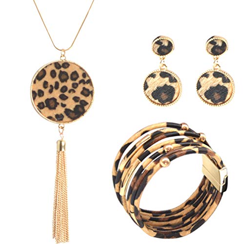 YAZILIND 3 Stück Leopard Schmuck Set Leopard Leder Armband Dangle Ohrring Halskette für Frauen Runde von YAZILIND