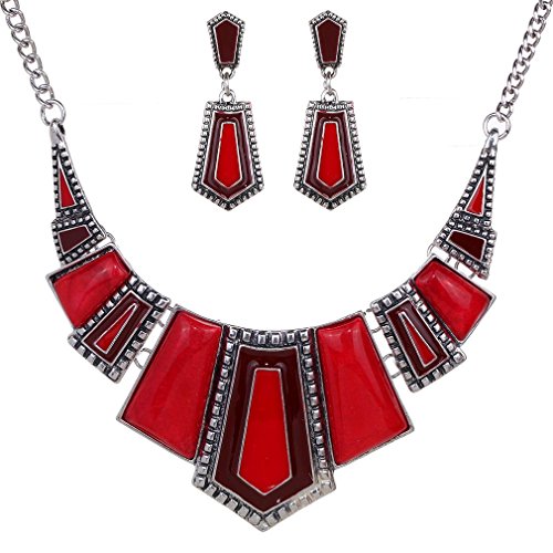 YAZILIND Klassiker Ethnische Red Tibet Silber Strass Unregelmäßige Lätzchen Halsband Ohrringe Halskette Schmuck-Set Damen von YAZILIND