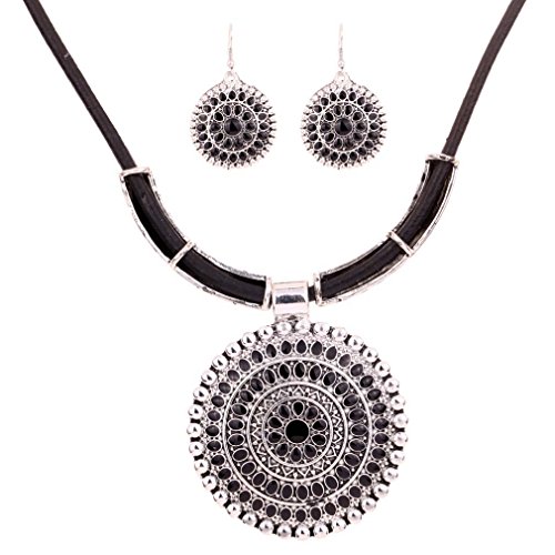 YAZILIND Weinlese PU- Leder-Kette tibetischen Silber Runde Anhanger Bib Halskette Ohrringe Set Hochzeit (Schwarz) von YAZILIND