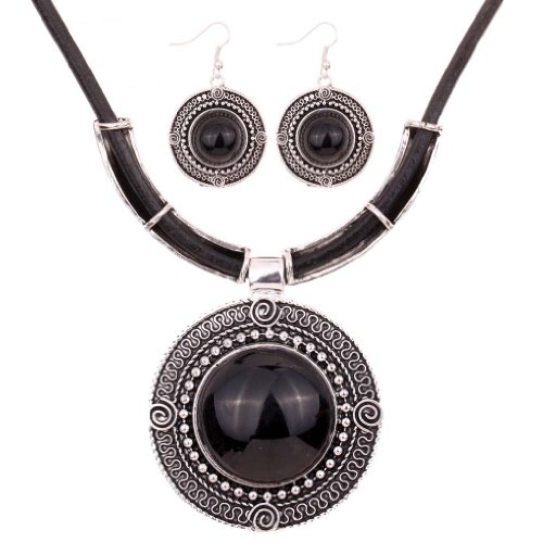 YAZILIND Weinlese PU- Leder-Kette tibetischen Silber Runde Anhanger Bib Halskette Ohrringe Set Hochzeit (Klassisch) YAZILIND Weinlese PU- Leder-Kette tibetischen Silber Runde Anhanger Bib Halskette Ohrringe Set Hochzeit (Klassisch) von YAZILIND