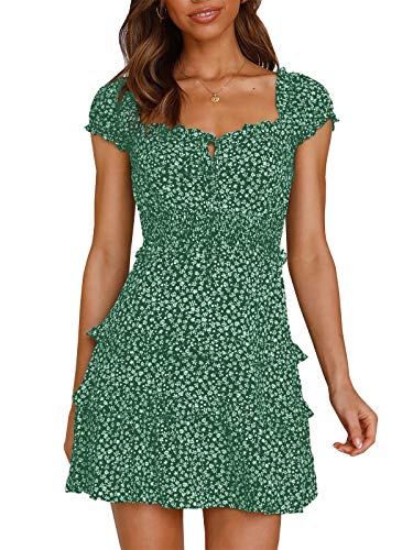 YBENLOVER Blumen Sommerkleid Damen High Waist Minikleid Vintage Strandkleid Freizeitkleid (XL, Dunkelgrün) von YBENLOVER