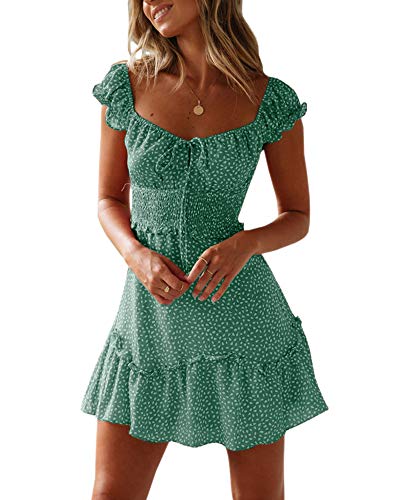 Ybenlover Damen Blumen Sommerkleid High Waist Volant Kleid Vintage Minikleid Strandkleid, Grün, XXL von YBENLOVER