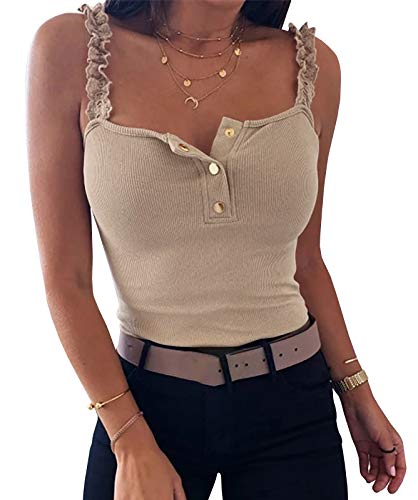 YBENLOVER Tops Damen Elegant ärmellose Oberteile Sommer V-Ausschnitt Bluse T Shirt Hemd, Khaki, L von YBENLOVER