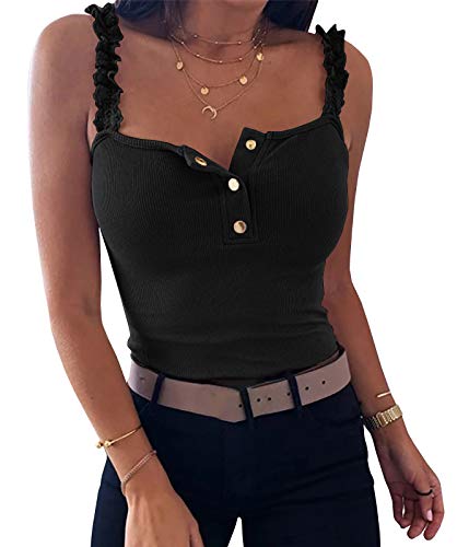 YBENLOVER Tops Damen Elegant ärmellose Oberteile Sommer V-Ausschnitt Bluse T Shirt Hemd, Schwarz, S von YBENLOVER