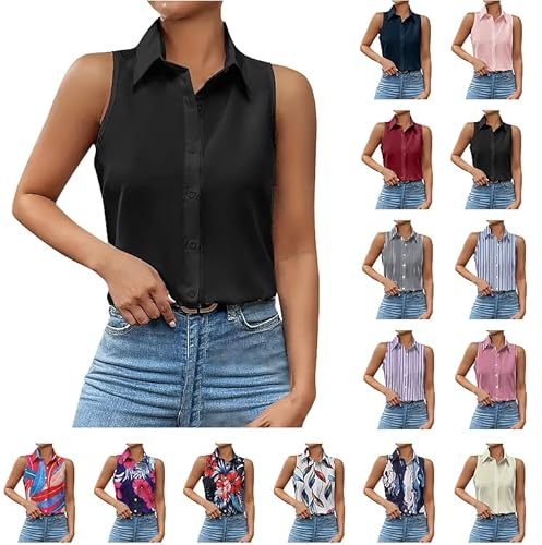 Ärmellose Bluse Damen Einfarbig / 3D Bedrucken Hemd Knopfleiste Revers Hemdbluse Lässig Tanktops Schlank Oberteile Leichte Sommer Shirt Bequem Blusenshirt Top Sommerhemd Freizeithemden Discounter von Ybing