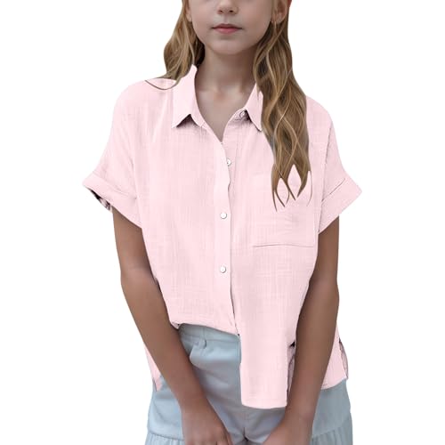 Blusen & Tuniken für Mädchen und Junge Casual Musselin Bluse Lang Einfarbig Leinenhemd Locker Baumwolle Leinen Hemd Knöpfe Revers Sommerhemd Dünne Sommer Shirt Kurzarm Freizeithemden Discounter von Ybing