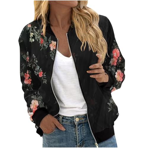 Bomberjacke Damen Frühlingsjacke Blumenmuster Leichte Sommerjacke Sommer Reißverschluss Kurz Pilotenjacke Blouson Jacke Dünne Langarm Übergangsjacke College Jacket Mädchen Fliegerjacke Prime of Day von Ybing