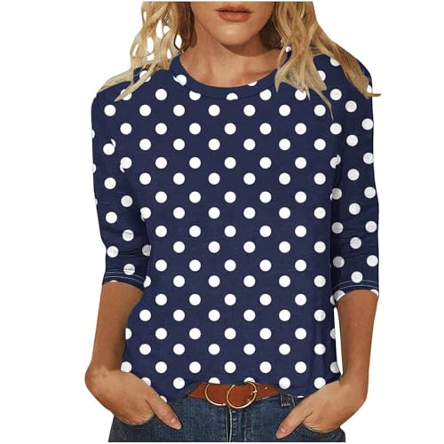 Damen 3/4 Ärmel Tops Polka-Punkte Druck Langarmshirt Modische Rundhals Bluse Slim Fit Langarm Tshirt Sommer Dünne Pullover Bequem Basic Oberteile Weich Longsleeve T-Shirt Baumwolle Laufshirt S-5XL von Ybing