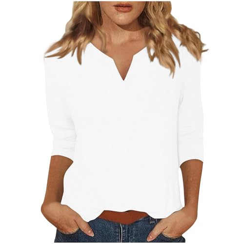 Damen Tshirt 3/4 Arm Sommer Lässig V-Ausschnitt Langarmshirt Modische Einfarbig Bluse 2025 Neueste T-Shirt Slim Fit Oberteile Blusebshirt Bequem Basic Top Tunika Dünne Pullover Warehouse Deal von Ybing