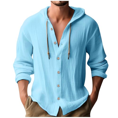 Discounter Leinenhemd Herren Baumwolle Leinen Hoodie Einfarbig Hoody Oberteile Knopfleiste Langarm Hemd mit Kapuze Modische Langarmshirt Schlank Sommer Shirt Leichte Sommerhemd Bequem von Ybing