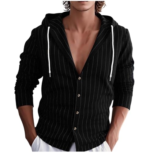 Gestreift Leinenhemd Herren Baumwolle Leinen Hoodie Einfarbig Hoody Oberteile Knopfleiste Langarm Hemd mit Kapuze Modische Langarmshirt Schlank Sommer Shirt Leichte Sommerhemd Bequem Freizeithemden von Ybing