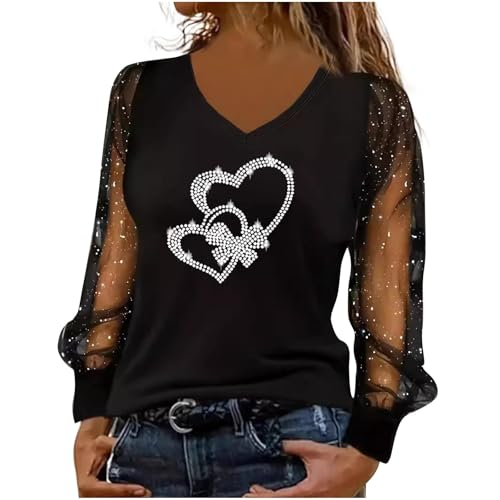 Glitzer Oberteile Damen Elegante Pailletten Bluse Mesh Strass Langarmshirt Festliche Heißbohren Tunika Schlank V-Ausschnitt/Rundhals Pullover Transparentes Sparkly Shirt Partywear Discounter von Ybing