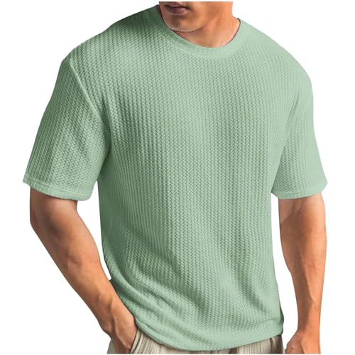 Große Größen Strick Tshirt Herren Einfarbig Feinripp T-Shirt Casual Rundhals Strickshirt Sommer Gerippt T Shirt Waffle Sportshirt Leichte Kurzarm Oberteile Bequem Basic Top Fitnessshirt S-5XL von Ybing